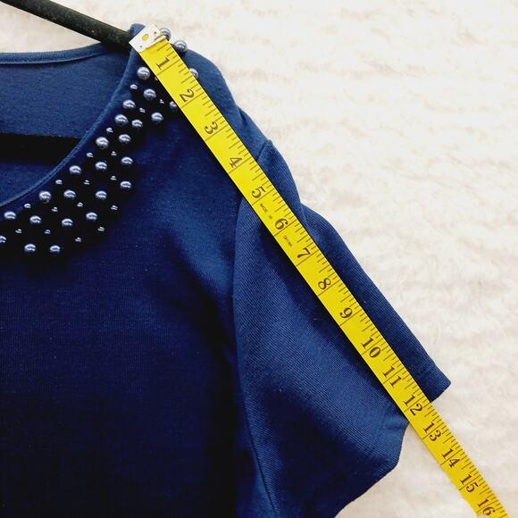 Blouse Size 1X Navy Pearl Beaded Office Siren Quiet Luxury Casual Chic Romantic - Picture 9 of 15